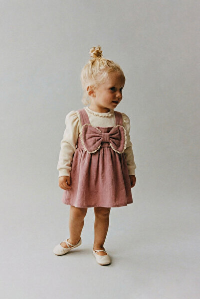 Magu Baby Girl Cotton Powder Bow Detailed Salopet Dress – Long Sleeve Inner B...