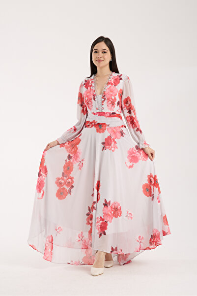 Stylish Stylish chiffon dress, beige border, red