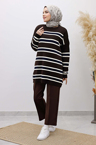Tesettür Dünyası Horizontal Line Detailed Knitwear Tunic Tsd260108 Bitter Brown
