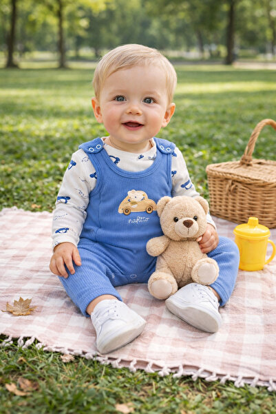 Atlas Baby House Baby Boy Embroidered Blue 2-Piece Salopet Set with Carriage