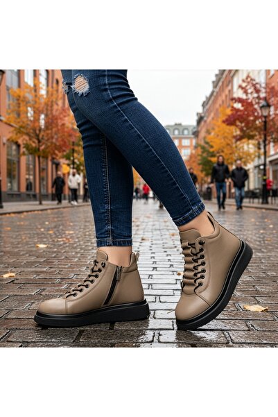 Modlet.ro Women's khaki leather thick-sole boots with elastic laces MOD12774