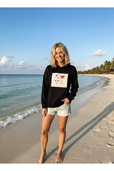 citystyle Women's Sweater Love Printed Detailed Black Long Sleeve Crew Neck H...