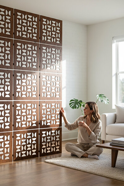 woodmomente Lazer Kesim 4’lü Ahşap Paravan 40x40 cm | Ceviz Renk 3 mm MDF mind