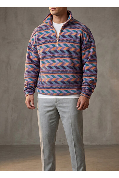 BOBCAT MAN Çok Renkli Etnik Desen Yarım Fermuarlı Oversize Sweatshirt