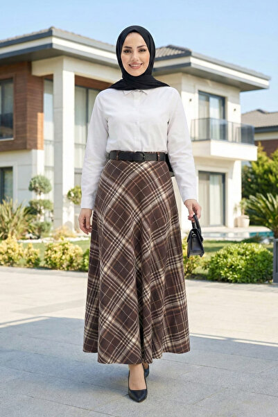Hb Harma Time Butik Women's Brown Patterned Belted Skirt