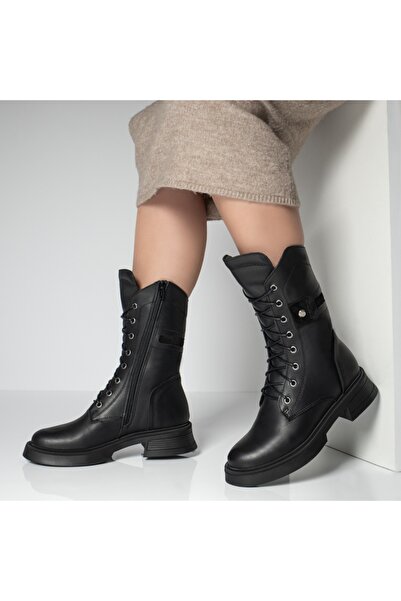 Modlet.ro Ghete de damă din piele neagră cu șireturi și fermoar MOD09642