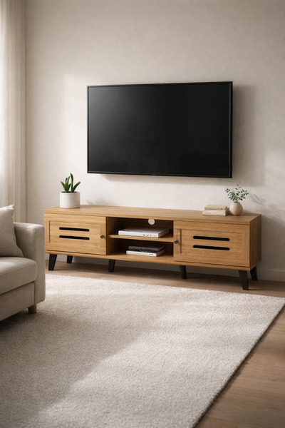 MARIA HOMES Modern Wooden TV Stand Light Brown with Slotted Front Design 160 ...