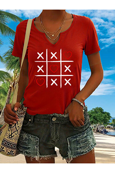 mercoledi Women's Heart Printed Half V-Neck Sleeves Regular Fit Comfortable T...