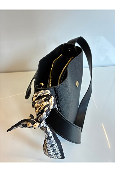 DSN Siyah Fular Aksesuarlı Sabit Ayarlanabilir Omuz Çantası