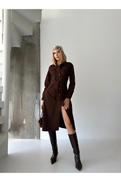 Your Shine KAHVERENGİ UZUN DÜĞMELİ KETEN MEVSİMLİK TRENÇKOT