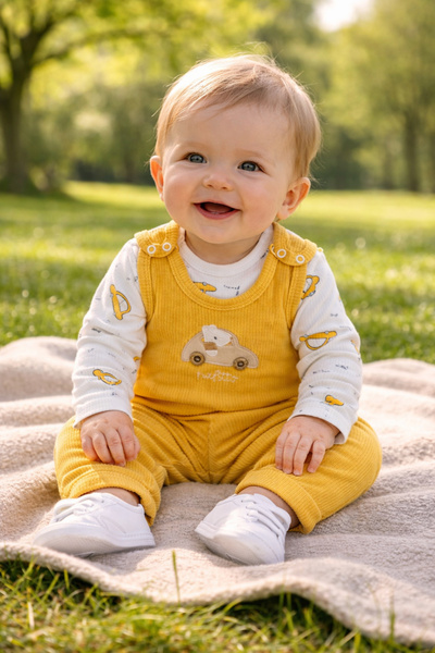 Atlas Baby House Erkek Bebek Nakışlı Arabalı Hardal 2'li Salopet Takımı