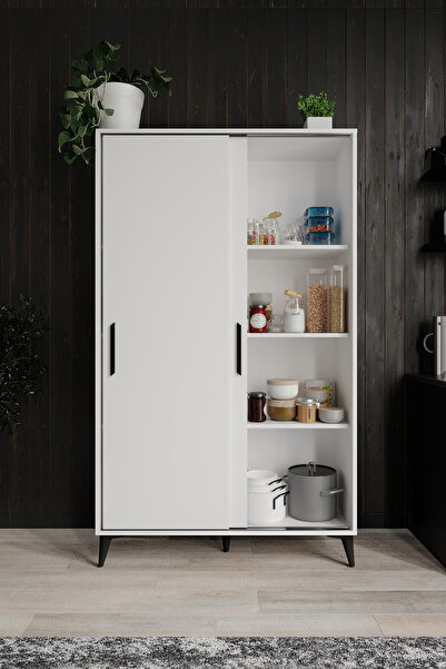 Afilli Lisa Sürgülü Çok Amaçlı Kiler Dolabı Tamamı Mdf 6 Raflı Beyaz