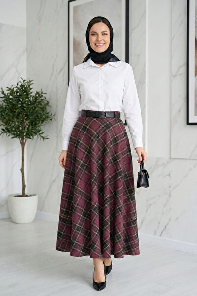 Hb Harma Time Butik Women's Burgundy Patterned Belted Skirt