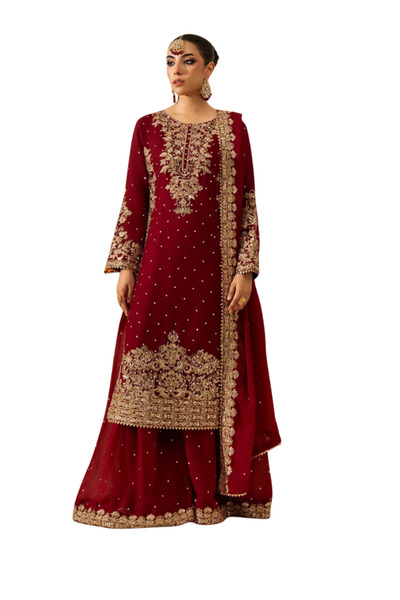 MYSMAR Red Faux Gorgette Top Palazzo & Dupatta - HRT5265 | Red