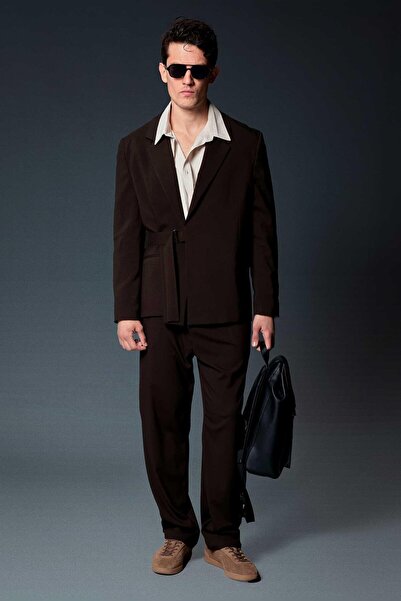 ablukaonline Men's Belted Oversized Suit Set Brown