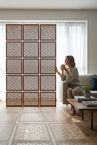 woodmomente Lazer Kesim 4’lü Ahşap Paravan 40x40 cm | Ceviz Renk 3 mm MDF flower