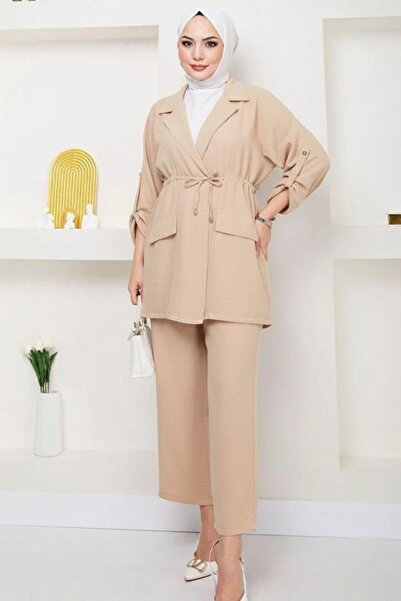 Tesettür Diyarı Tie-waist linen summer suit - beige