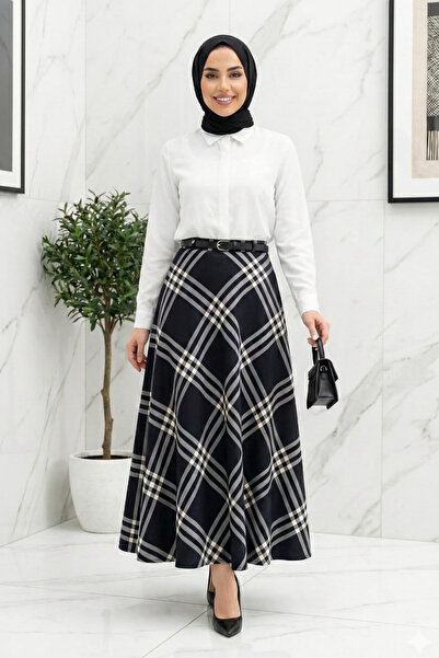 Hb Harma Time Butik Women's Navy Blue Patterned Belted Skirt