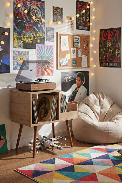 DEQQU Pera 44x78cm Ahşap Retro Pikap Sehpası, Metal Raflı Plak Organizer, Pla...