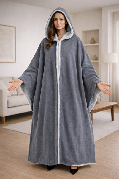 Alpin Çift Taraflı Kapüşonlu Mavi Panço Battaniye – Yumuşak Peluş Dokulu