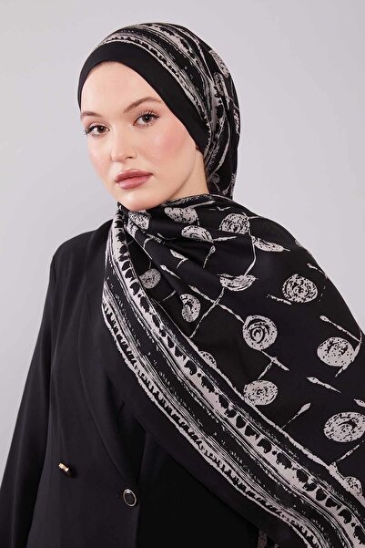 Levidor Black-White Round Patterned Wool Silk Shawl