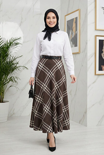 Hb Harma Time Butik Kadın Bej Desenli Kemerli Etek