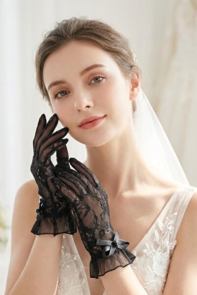 Hobigram Noir Élégance Bowknot Lace Bridal Glove – Stylish Accessory with Bow...