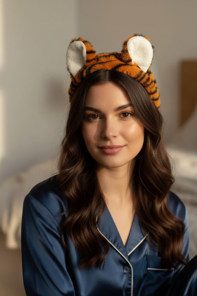 shop Plush Hair Band with Tiger Pattern Ears - Soft Textured Makeup and Skinc...