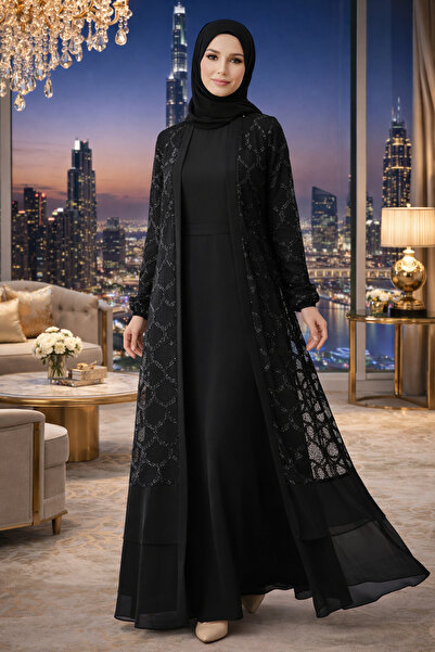 Kirazgym Kadın Pul Payetli Kuşaklı İkili Takım Tesettür Abaya - Siyah