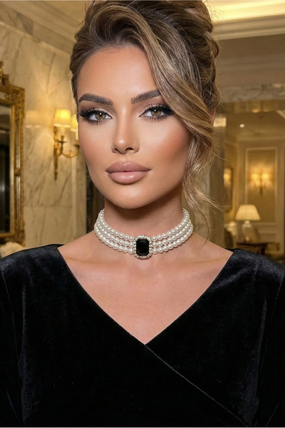 Happyline İncili Gold Kaplama Tasma Siyah Taşlı Choker Kolye Özel Tasarım Kol...