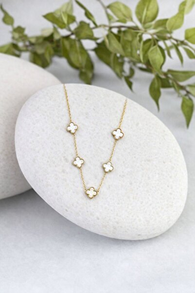 Çelik Beyaz Yonca Figürlü Altın Ton Paslanmaz kolye