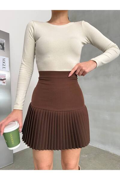 Stil Sepeti Women's Coffee Premium Pleated Double Fabric Mini Skirt Ss-40023030