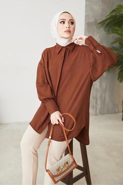 benguen 61446 Balloon Sleeve Casual Shirt Brown