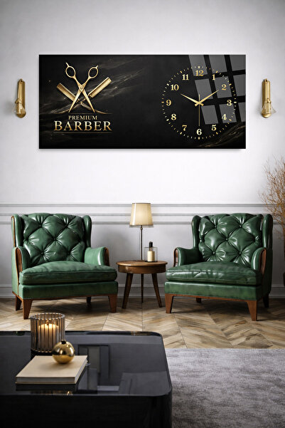 Olinpa KIRILMAZ CAM DUVAR SAATİ , HEM TABLO HEM SAAT PREMIUM BARBER GOLD SİYA...