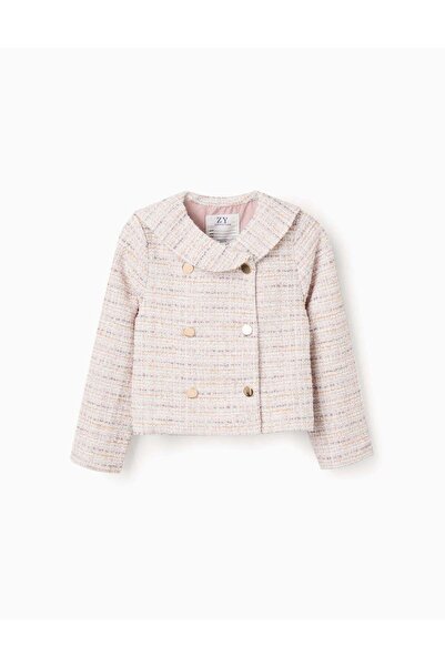Ziddy جاكيت تويد بياقة بحرية وثنيات للبنات، وردي