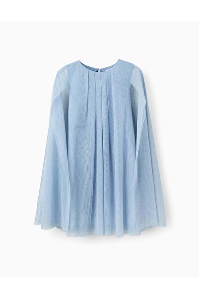 Ziddy فستان تول بدون أكمام بأكمام واسعة وبريق للبنات، أزرق