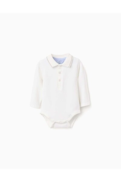 Ziddy بدلة بولو مخططة بأكمام طويلة للأطفال حديثي الولادة من الذكور، أبيض/بيج