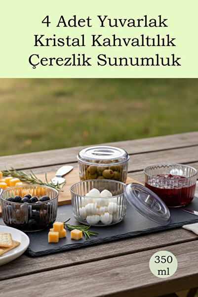 Crystal Ware 4 Adet Yuvarlak Kristal Antrasit Kahvaltılık, Çerezlik, Sunumluk...