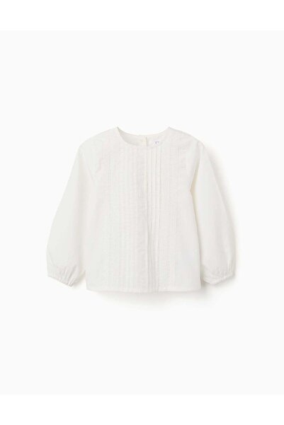 Ziddy Long sleeve poplin blouse with front pleats for girls, white