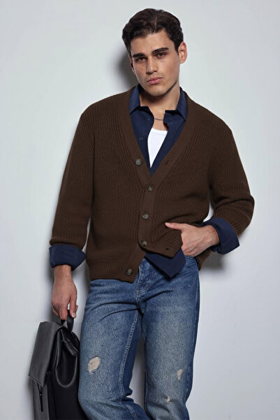 ablukaonline Men's Oversized Button Knitwear Cardigan Brown