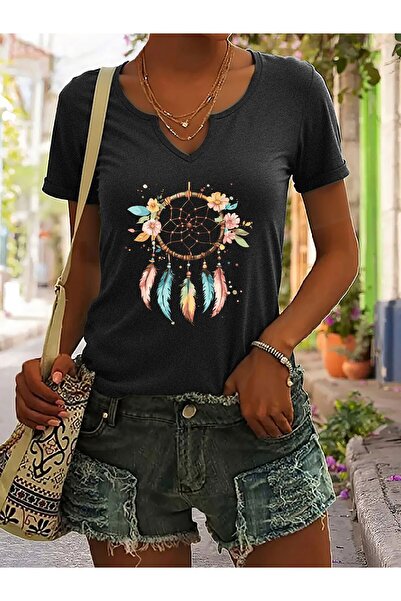 mercoledi تي شيرت نسائي مريح ذو قصة عادية وأكمام نصفية على شكل حرف V من Iskam...