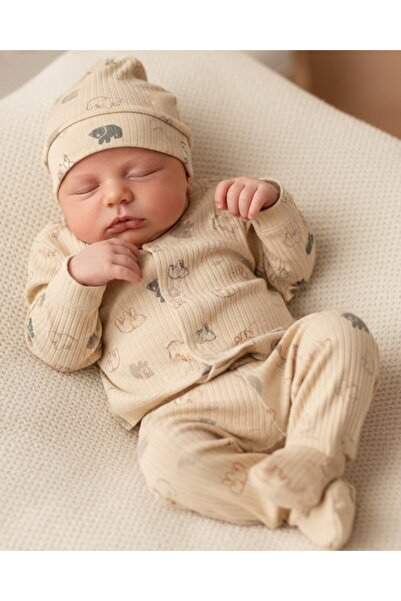 Ege Bebek طقم زيبين للمواليد الجدد مكون من 3 قطع مطبوعة للجنسين مع قفازات وقب...
