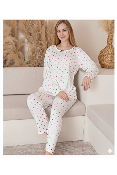 Sude Women's white pajamas with red hearts, long-sleeved blouse and bow