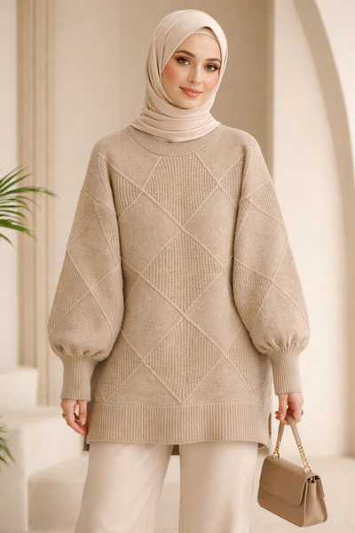 Kirazgym Women's Plain Diamond Patterned and Slit Knit Sweater - Beige