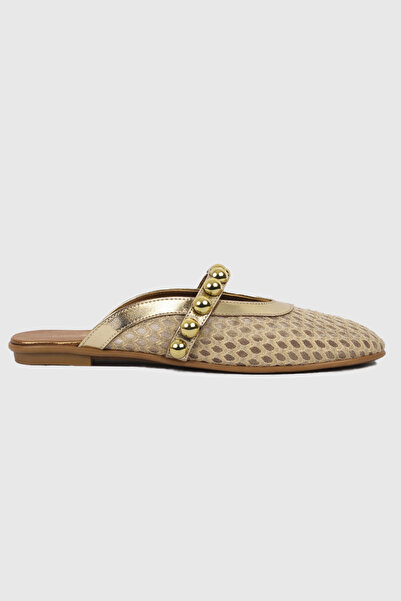 Modezya Annie Altın Troklu Kemer Detay Yuvarlak Burun Kadın Terlik