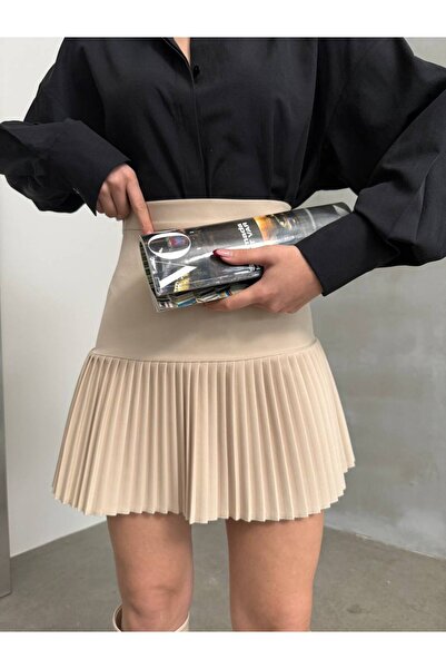 Stil Sepeti Women's Beige Premium Pleated Double Fabric Mini Skirt Ss-40023030