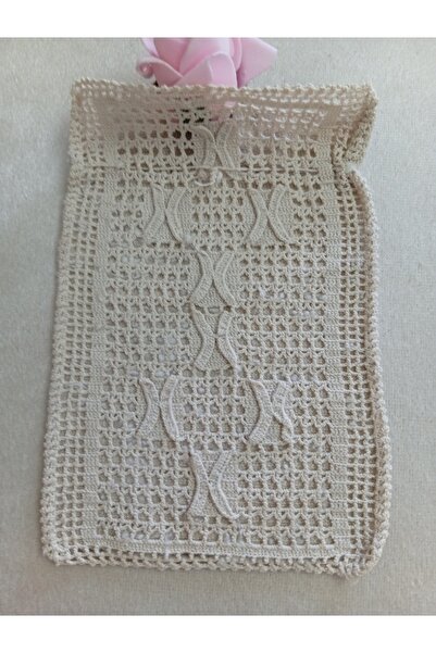 Pervin Ablacım Bej renkli dantel tığ el örgüsü kese