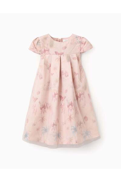 Ziddy Short sleeve satin dress with motif for girls, light pink