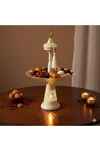 casa rosa RAMADAN metal serving plate with stand for date and sweets , WITH L...