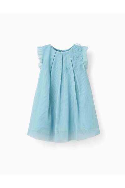 Ziddy فستان تول بدون أكمام مزين بالكشكشة والزهور للفتيات الصغيرات، أزرق